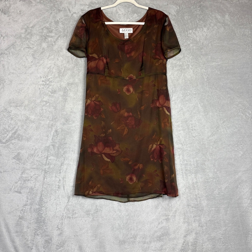 Algo Petite Brown Floral Mesh Overlay Short Sleeve Back Tie Dress 14 84208 B
